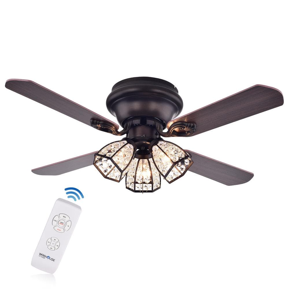 Tarudor 3-Light Crystal 4-blade Dark Wood with Antique Bronze Housing 42-inch Ceiling Fan (Remote)