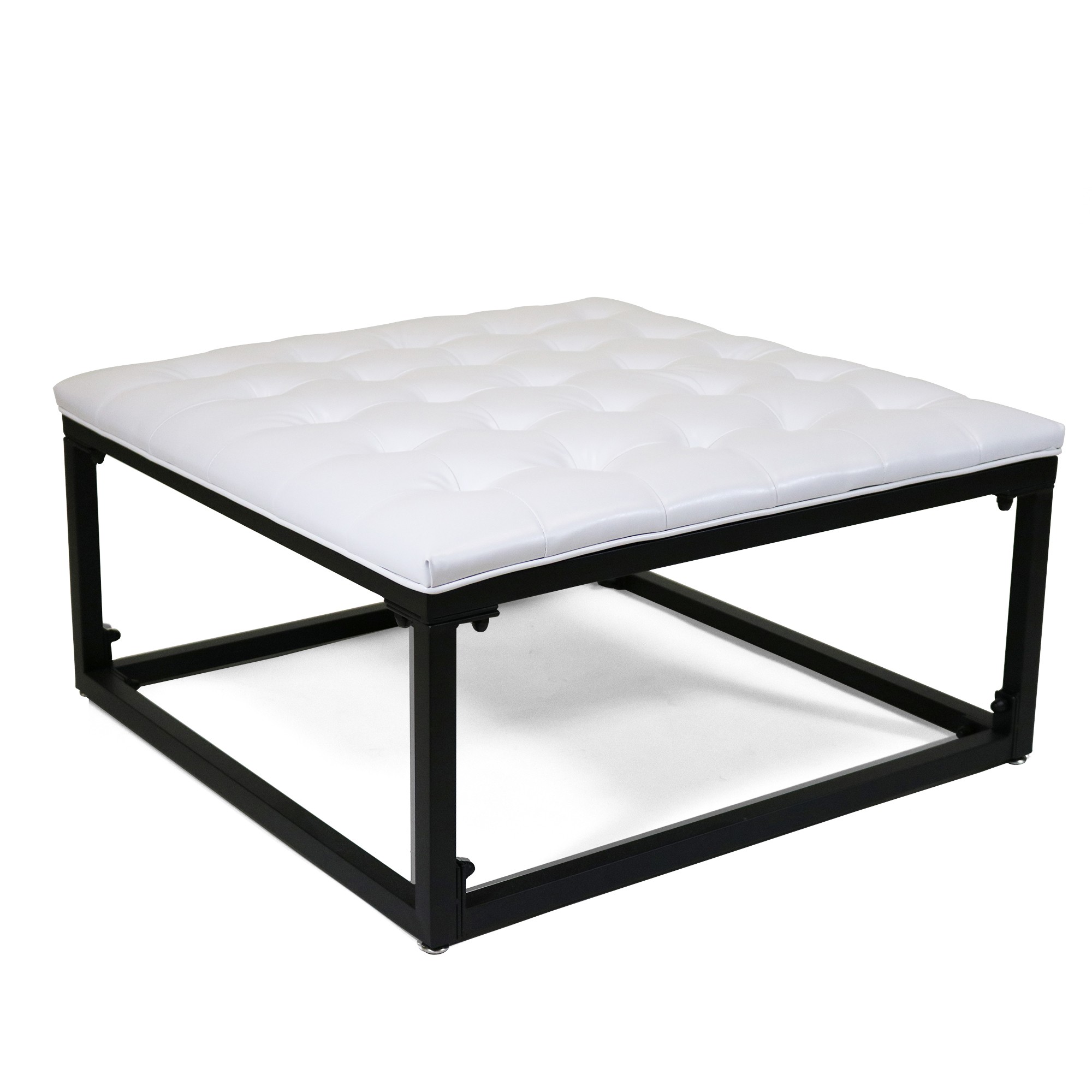 Nevinia Button Tufted White Leatherette with Black Metal Frame