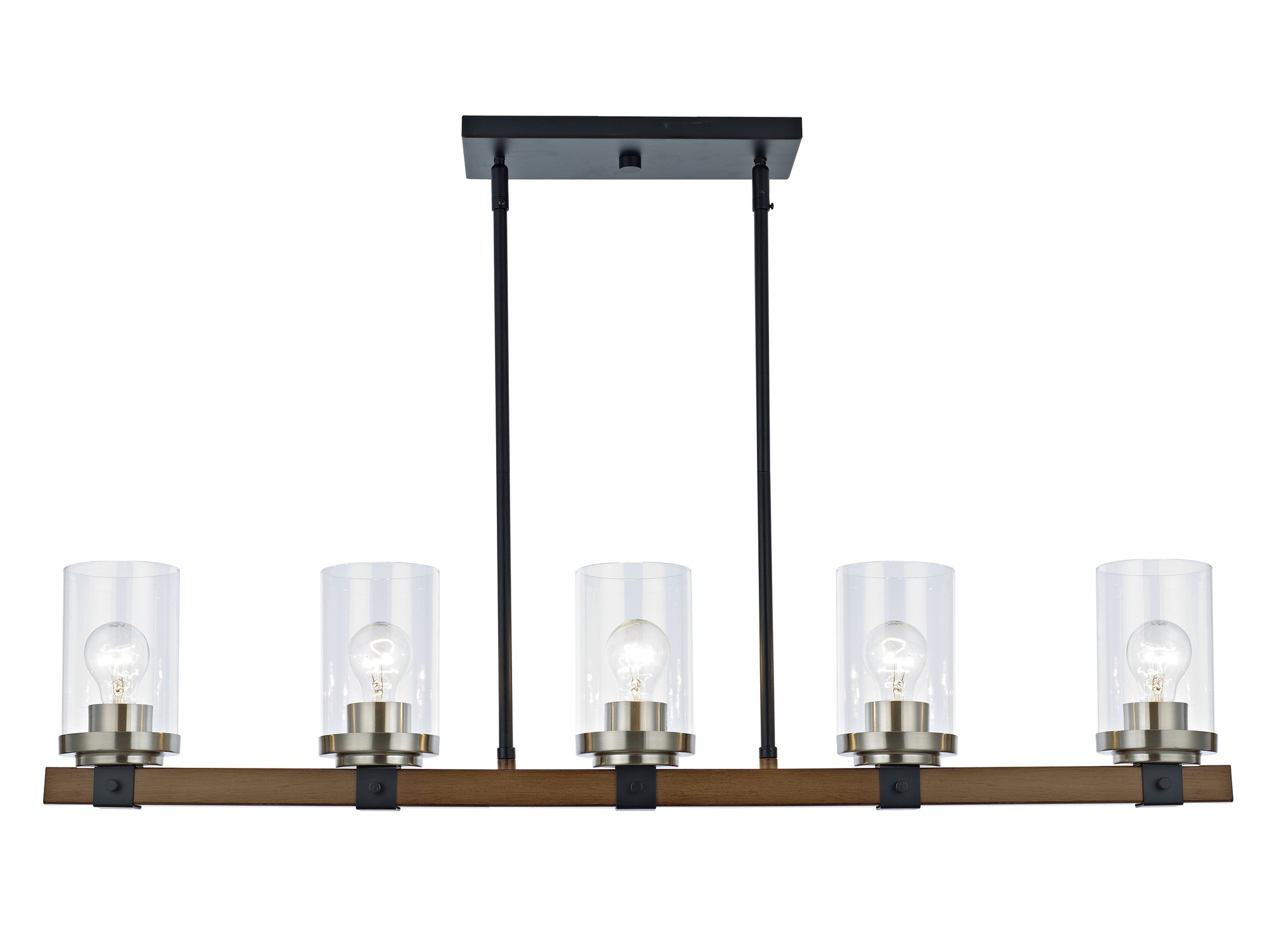 Simone Black+Barnwood+Brushed Nickel 5-Light Linear Chandelier with Cylinder Glass Shades