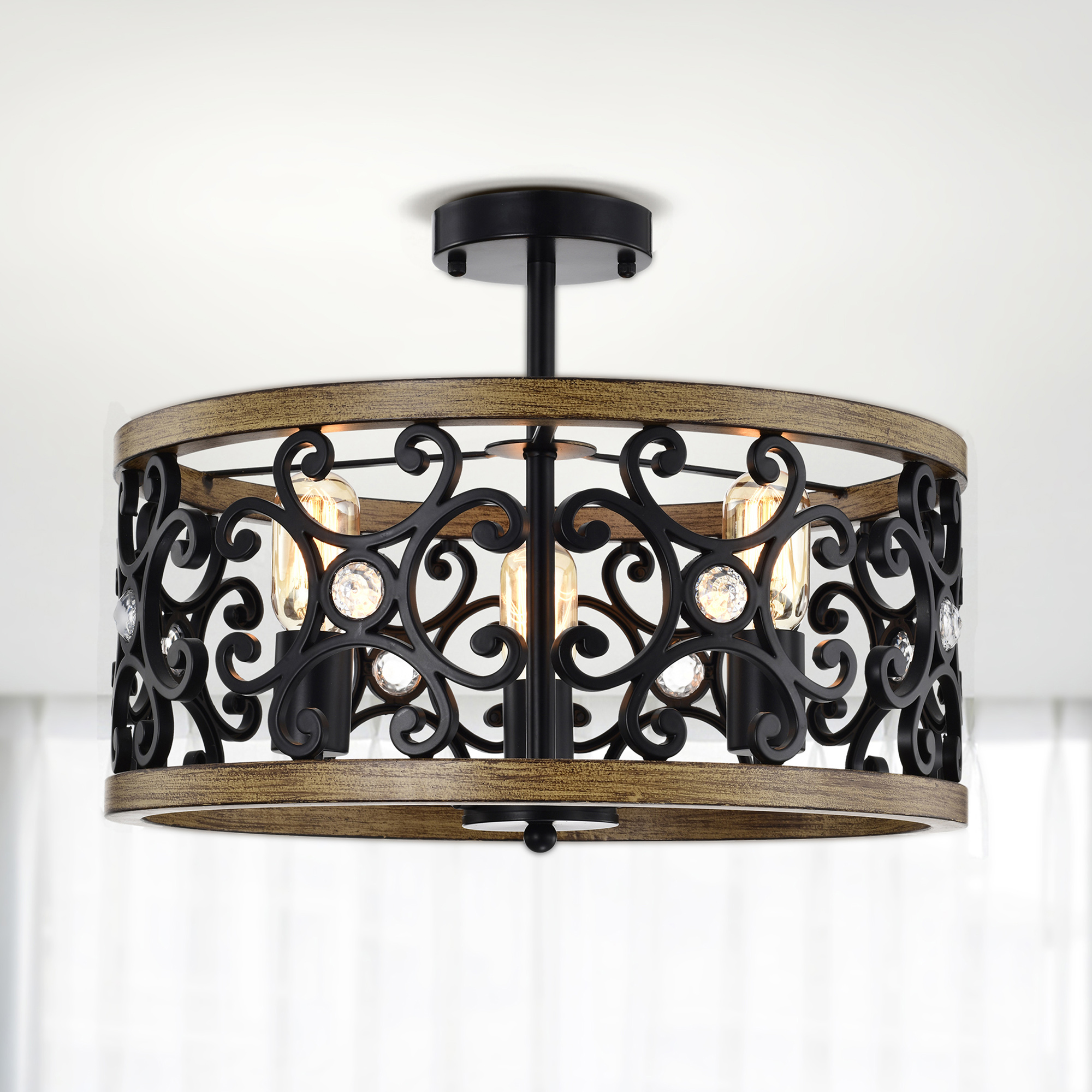 Tase 18 in. 3-Light Indoor Matte Black and Faux Wood Grain Finish Semi-Flush Mount Ceiling Light with Light Kit