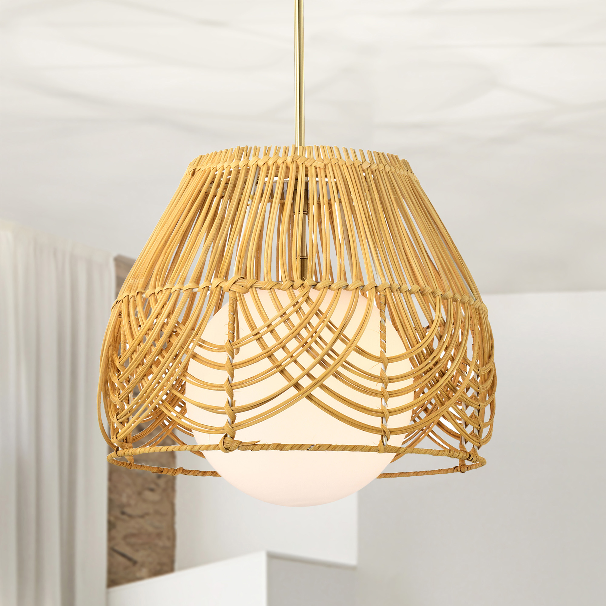 Lotta 13 in. 1-Light Indoor Brass and Woven Rattan Finish Pendant with Light Kit