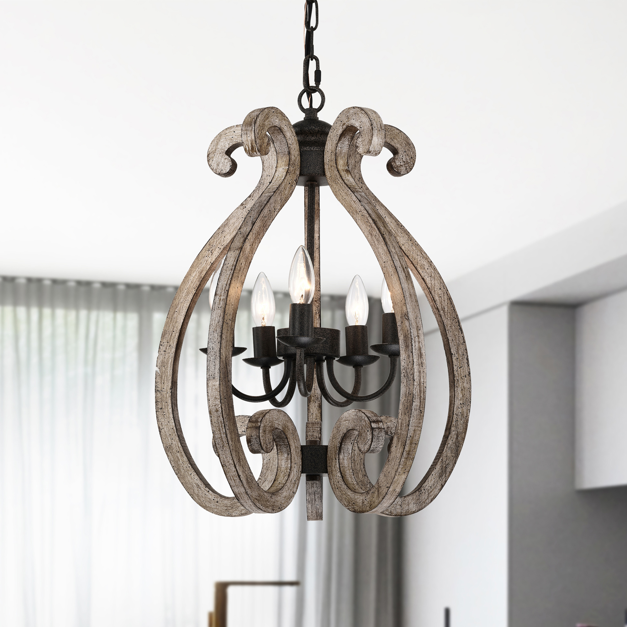 Lina 17 in. 6-Light Indoor Rustic Brown and Faux Wood Grain Finish Chandelier with Light Kit