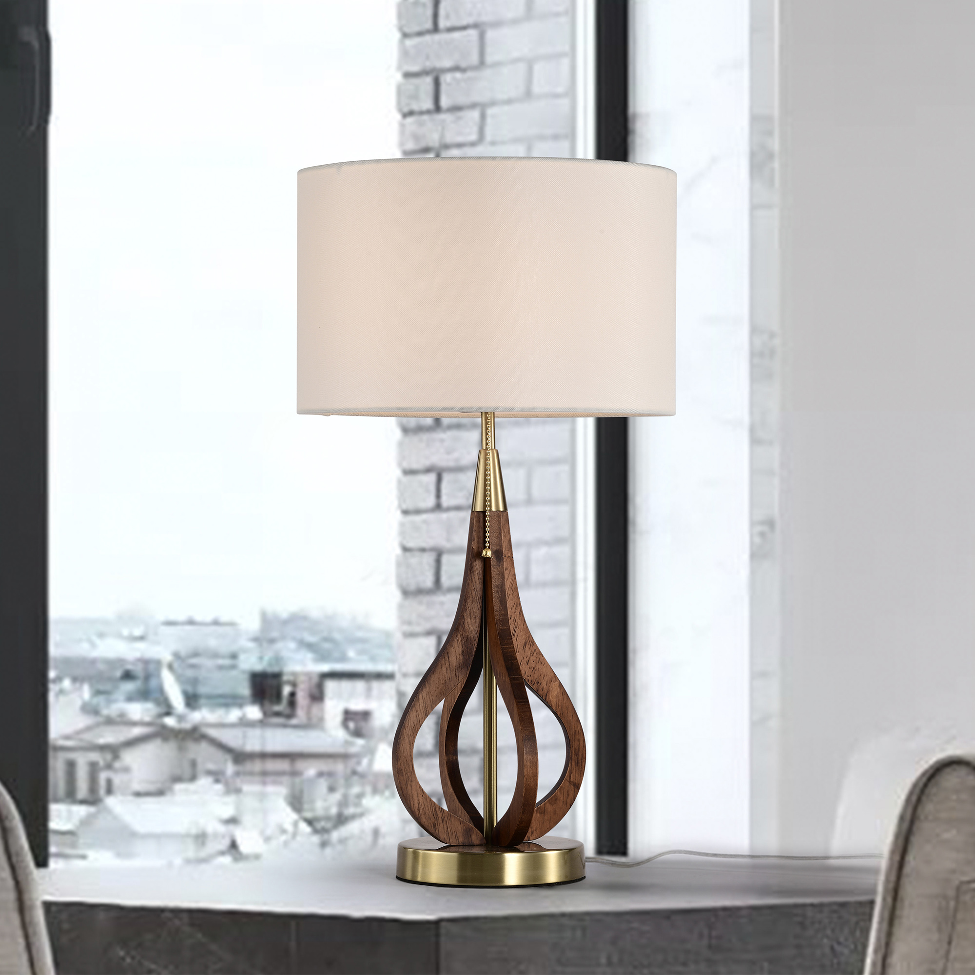 Lovis 12 in. 1-Light Indoor Brass and Faux Wood Grain Finish Table Lamp with Light Kit