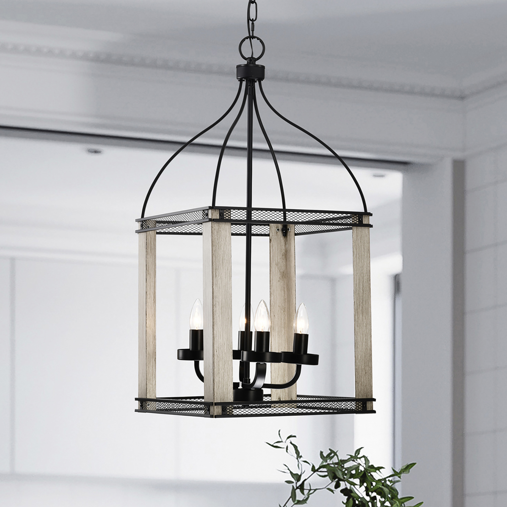 Vander 14 in. 4-Light Indoor Matte Black and Faux Wood Grain Finish Chandelier with Light Kit