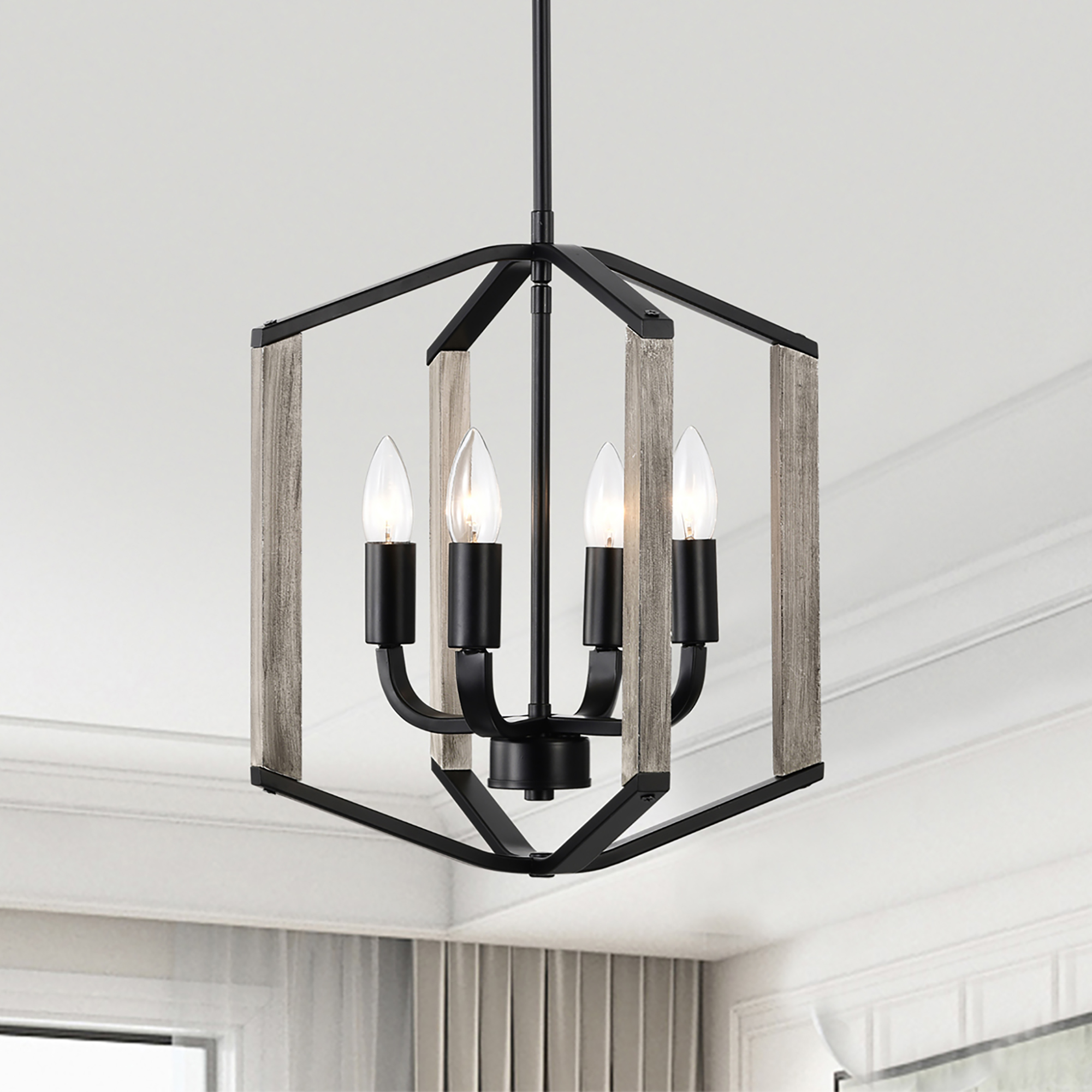 Miner 14 in. 4-Light Indoor Matte Black and Faux Wood Grain Finish Chandelier with Light Kit