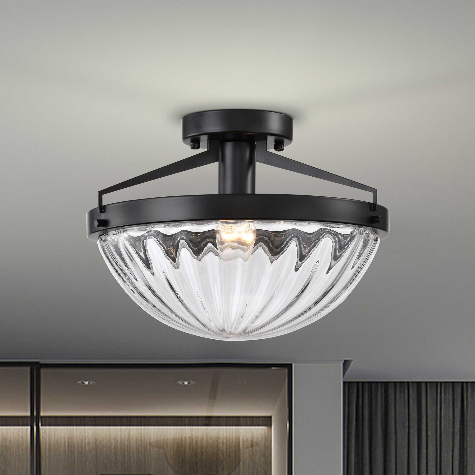 Pope 12 in. 1-Light Indoor Matte Black Finish Semi-Flush Mount Ceiling Light with Light Kit