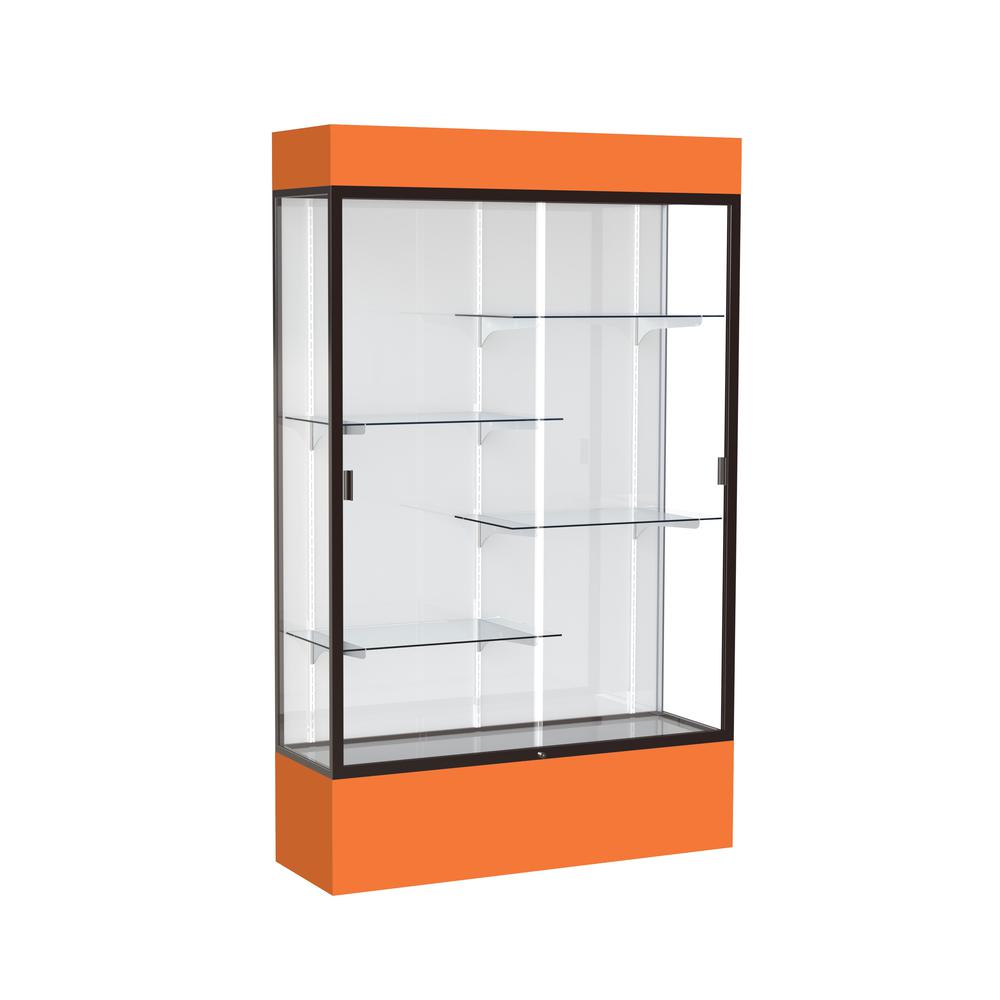 Spirit  48"W x 80"H x 16"D  Lighted Floor Case, White Back, Dk. Bronze Finish, Orange Base and Top