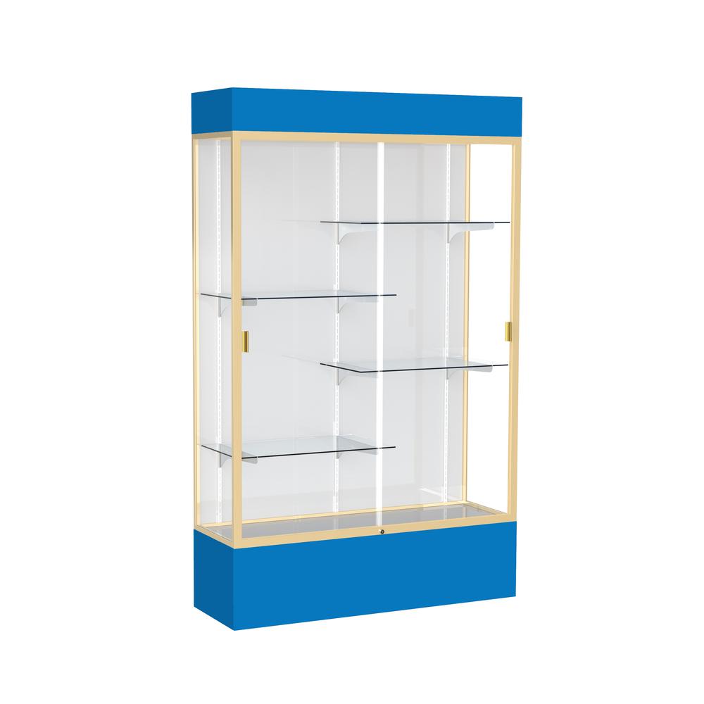 Spirit  48"W x 80"H x 16"D  Lighted Floor Case, White Back, Champagne Finish, Royal Blue Base and Top