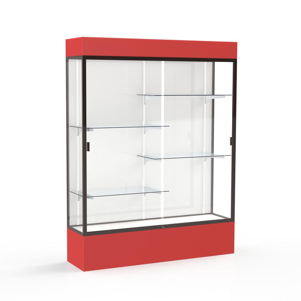 Spirit  60"W x 80"H x 16"D  Lighted Floor Case, White Back, Dk. Bronze Finish, Red Base and Top