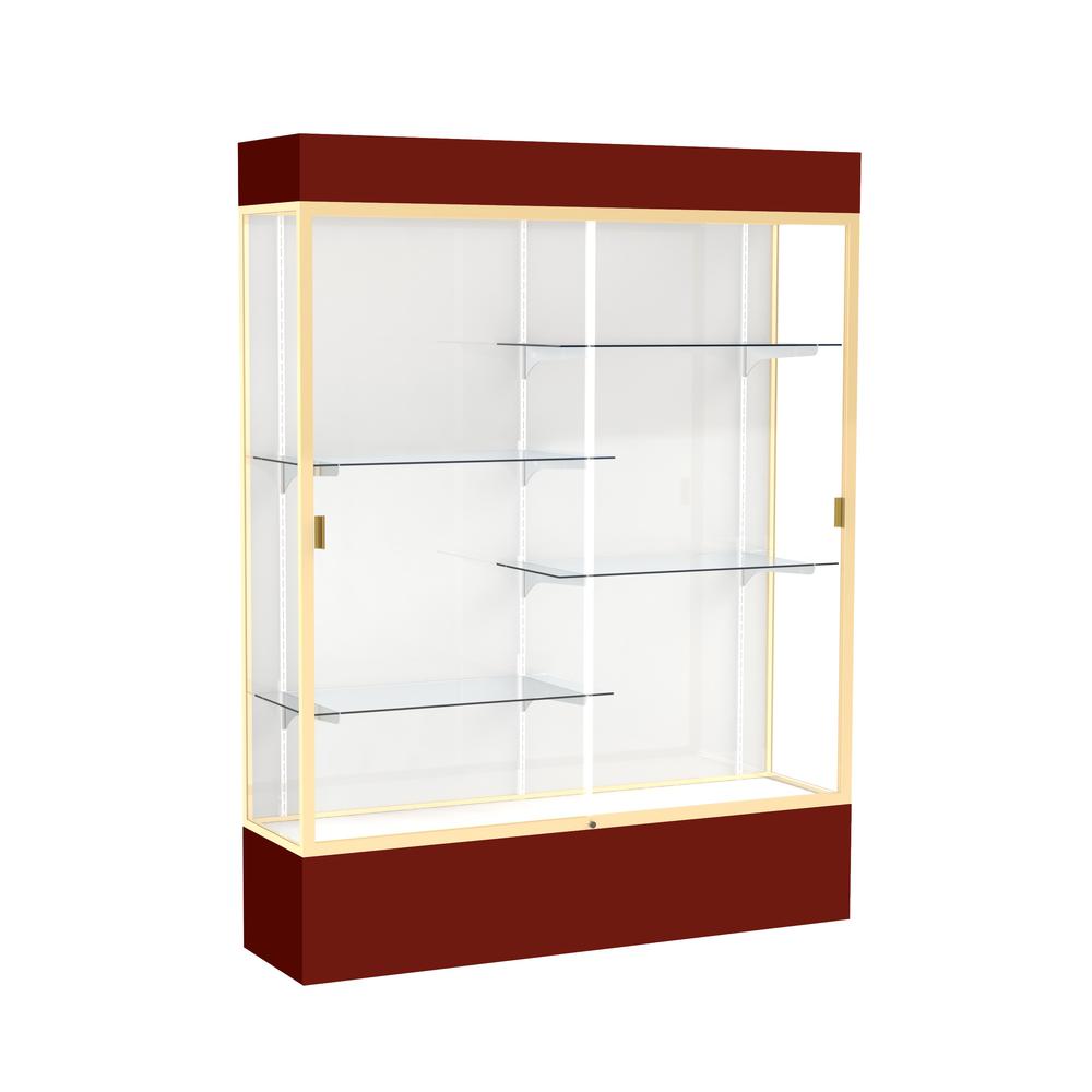 Spirit  60"W x 80"H x 16"D  Lighted Floor Case, White Back, Champagne Finish, Maroon Base and Top