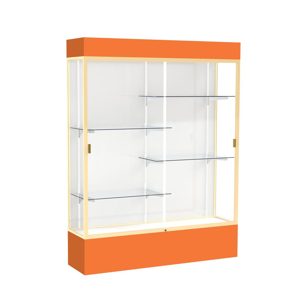 Spirit  60"W x 80"H x 16"D  Lighted Floor Case, White Back, Champagne Finish, Orange Base and Top