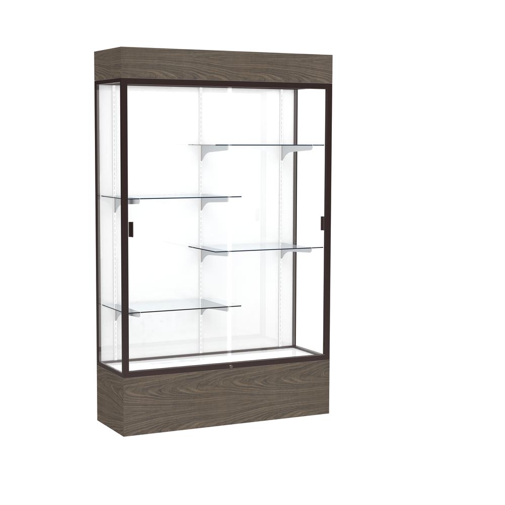 Reliant   48"W x 80"H x 16"D  Lighted Floor Case, White Back, Dk. Bronze Finish,  Walnut Vinyl Base