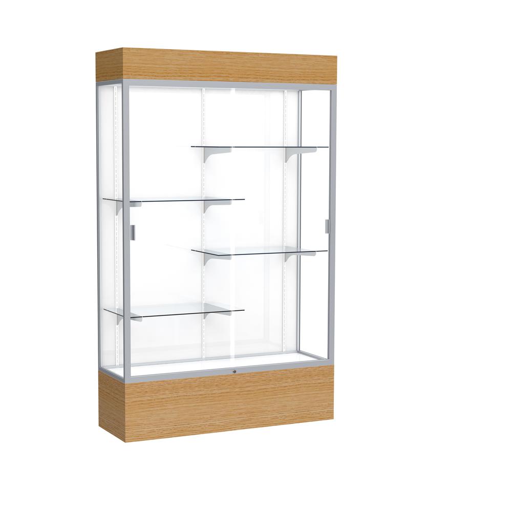 Reliant   48"W x 80"H x 16"D  Lighted Floor Case, White Back, Satin Finish,  Natural Oak Base