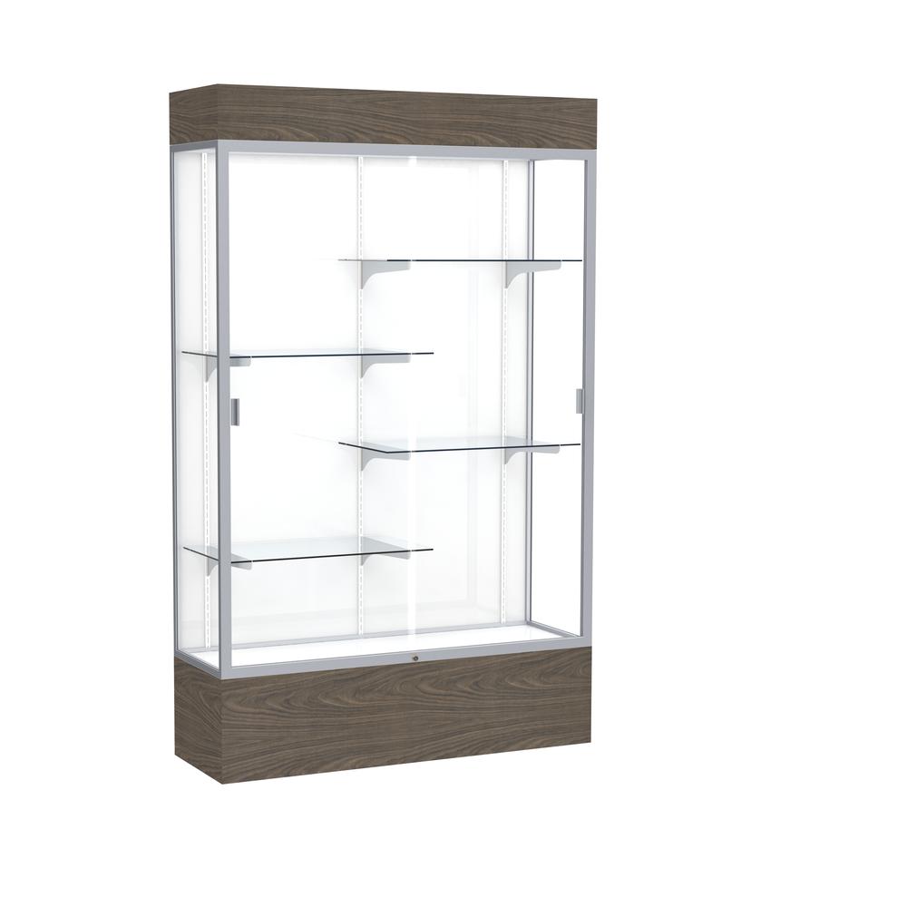 Reliant   48"W x 80"H x 16"D  Lighted Floor Case, White Back, Satin Finish,  Walnut Vinyl Base