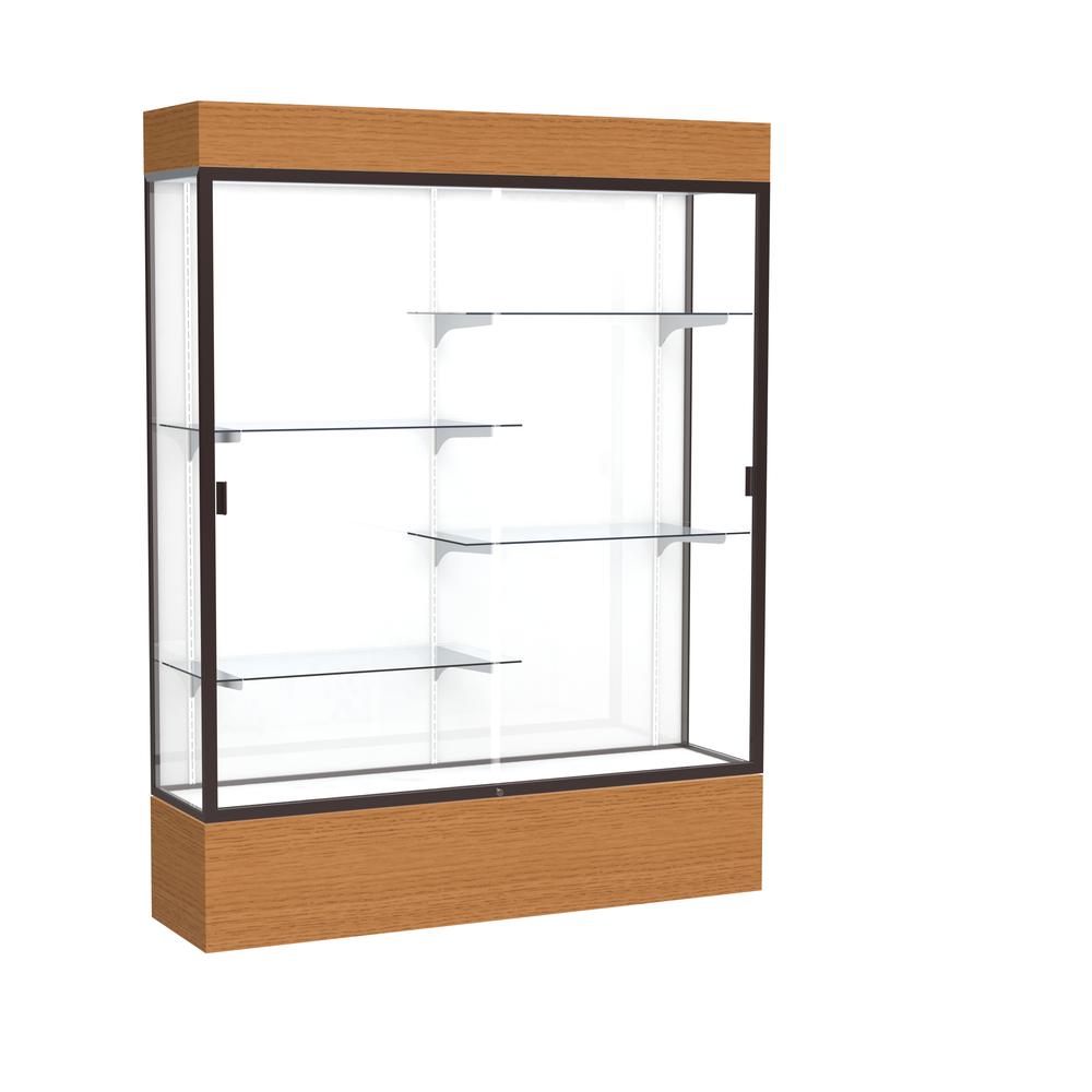 Reliant   60"W x 80"H x 16"D  Lighted Floor Case, White Back, Dk. Bronze Finish,  Carmel Oak Base