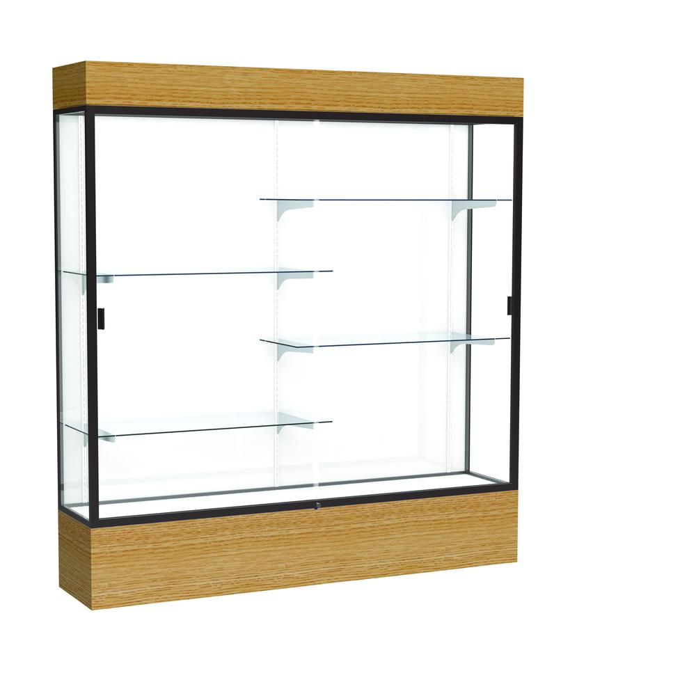 Reliant   72"W x 80"H x 16"D  Lighted Floor Case, White Back, Dk. Bronze Finish,  Natural Oak Base