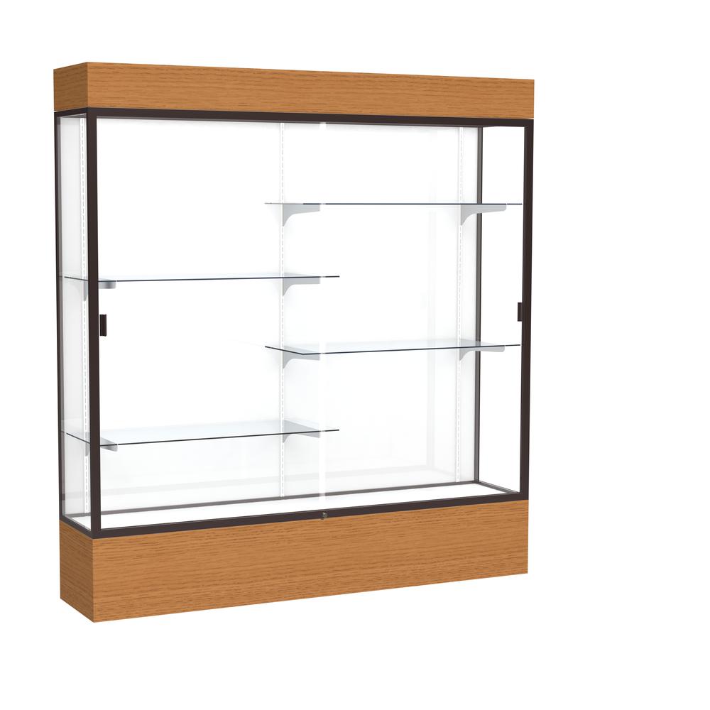 Reliant   72"W x 80"H x 16"D  Lighted Floor Case, White Back, Dk. Bronze Finish,  Carmel Oak Base