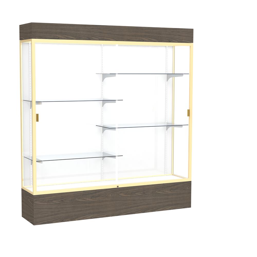 Reliant   72"W x 80"H x 16"D  Lighted Floor Case, White Back, Champagne Finish,  Walnut Vinyl Base