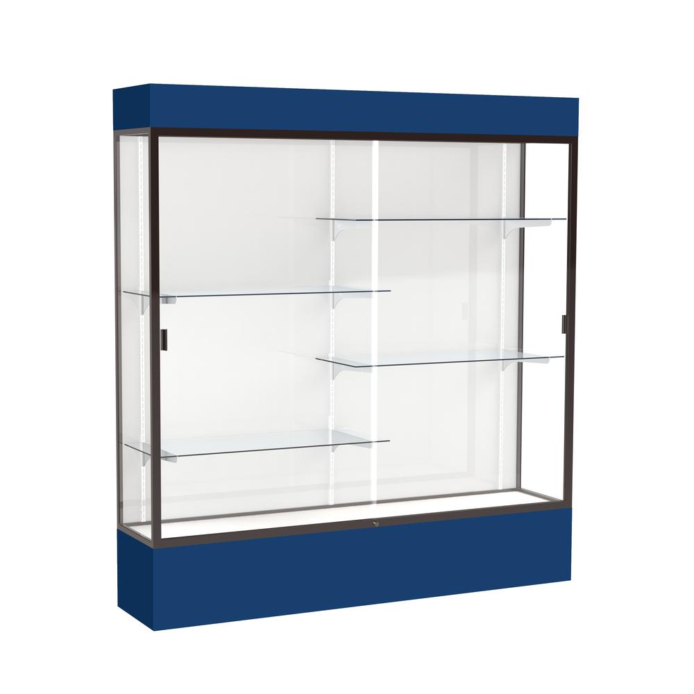 Spirit  72"W x 80"H x 16"D  Lighted Floor Case, White Back, Dk. Bronze Finish, Navy Base and Top