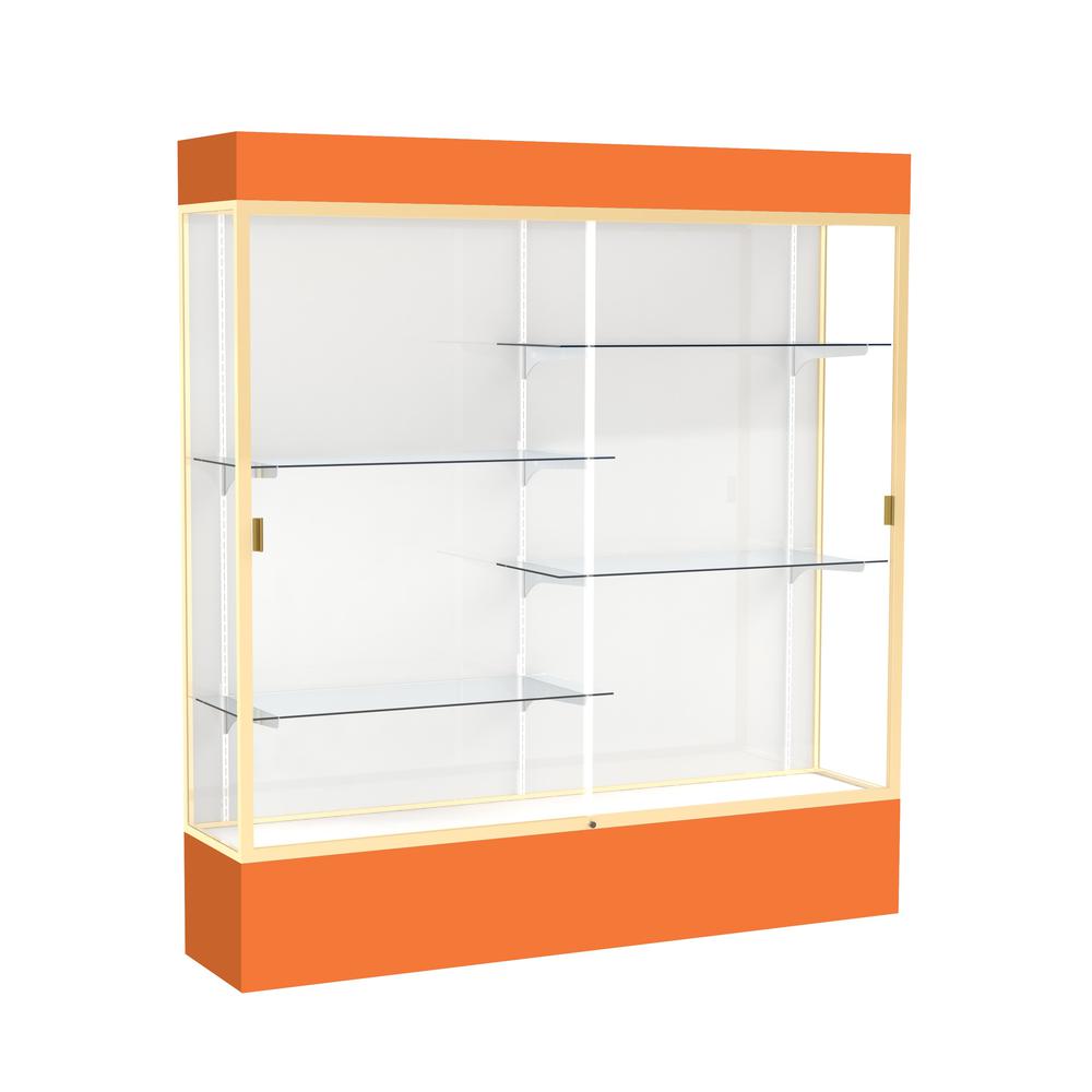 Spirit  72"W x 80"H x 16"D  Lighted Floor Case, White Back, Champagne Finish, Orange Base and Top