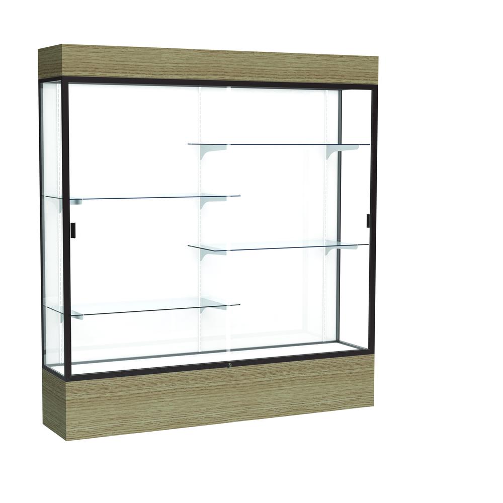 Reliant   72"W x 80"H x 16"D  Lighted Floor Case, White Back, Dk. Bronze Finish,  Driftwood Base