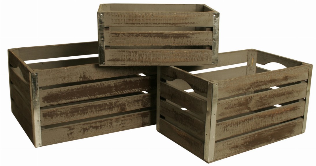 Set of 3 Gray-wash Wood Crates