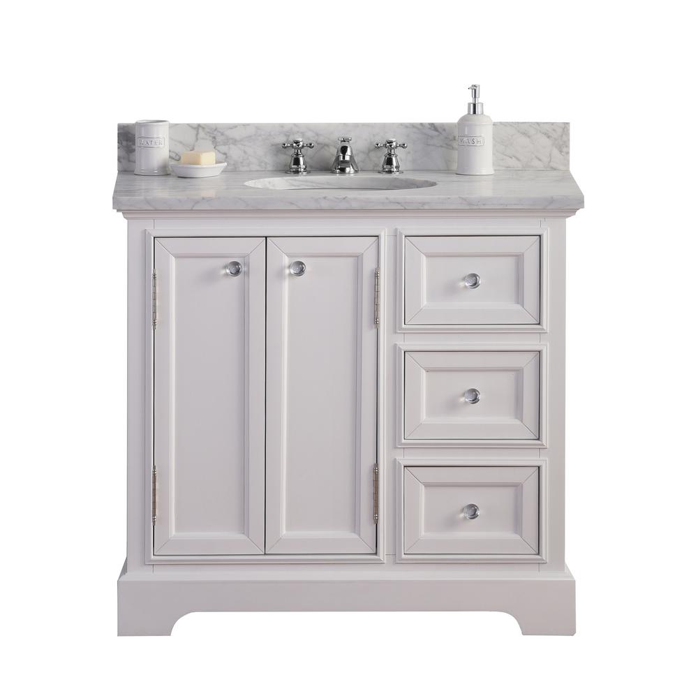 36 Inch Wide Pure White Single Sink Carrara Marble Bathroom Vanity From The Derby Collection