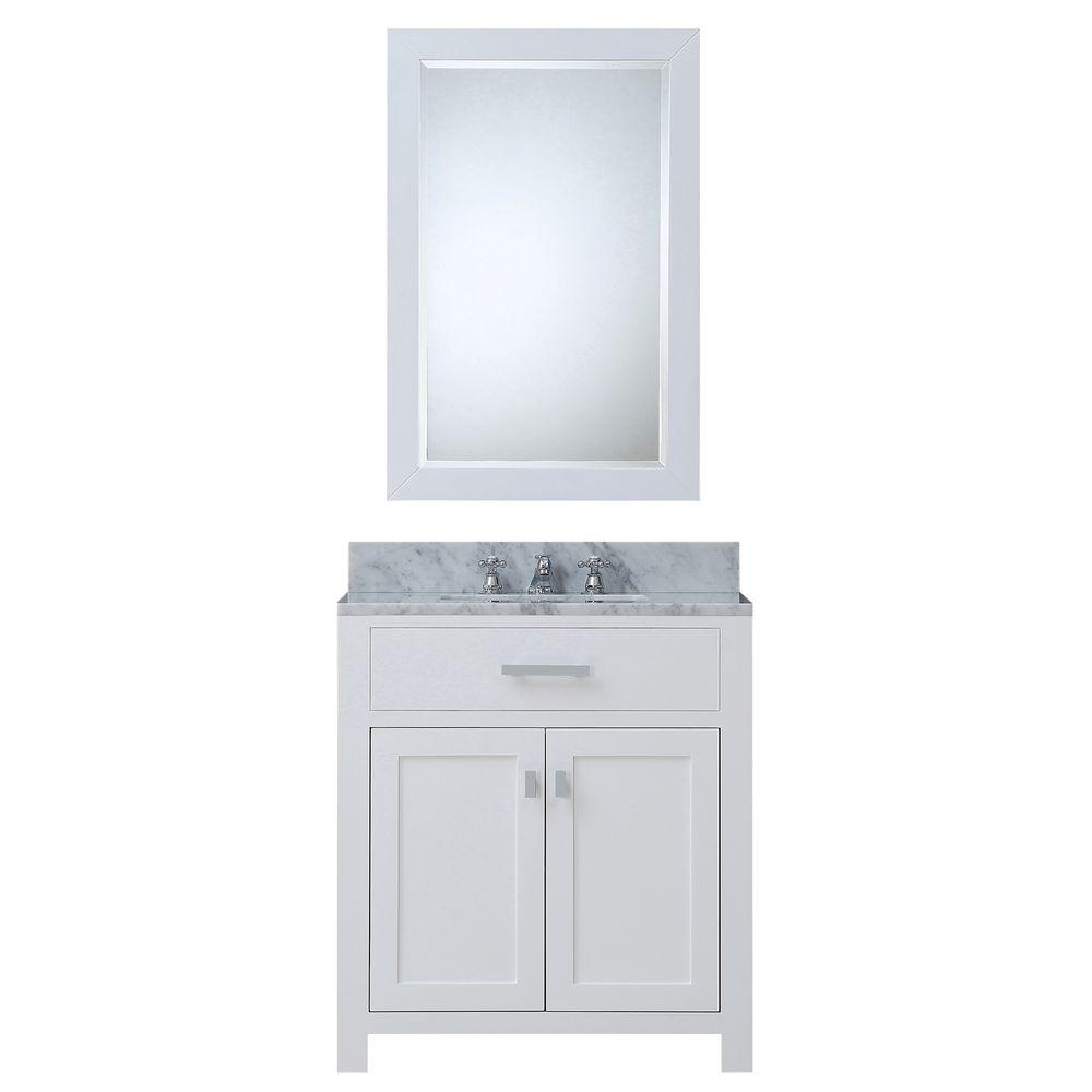 30 Inch Pure White Single Sink Bathroom Vanity With Matching Framed Mirror And Faucet From The Madison Collection