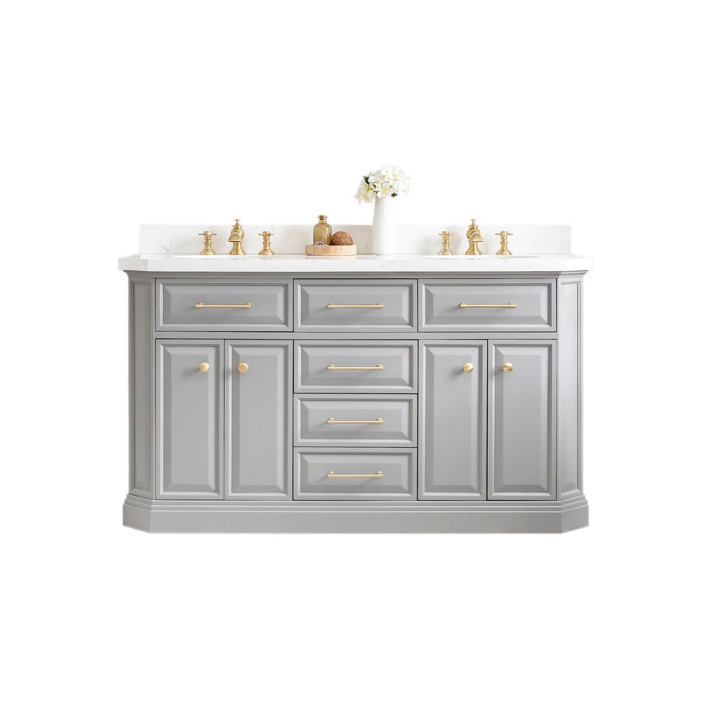 60" Palace Collection Quartz Carrara Cashmere Grey Bathroom Vanity Set With Hardware in Satin Gold Finish And Only Mirrors in Ch