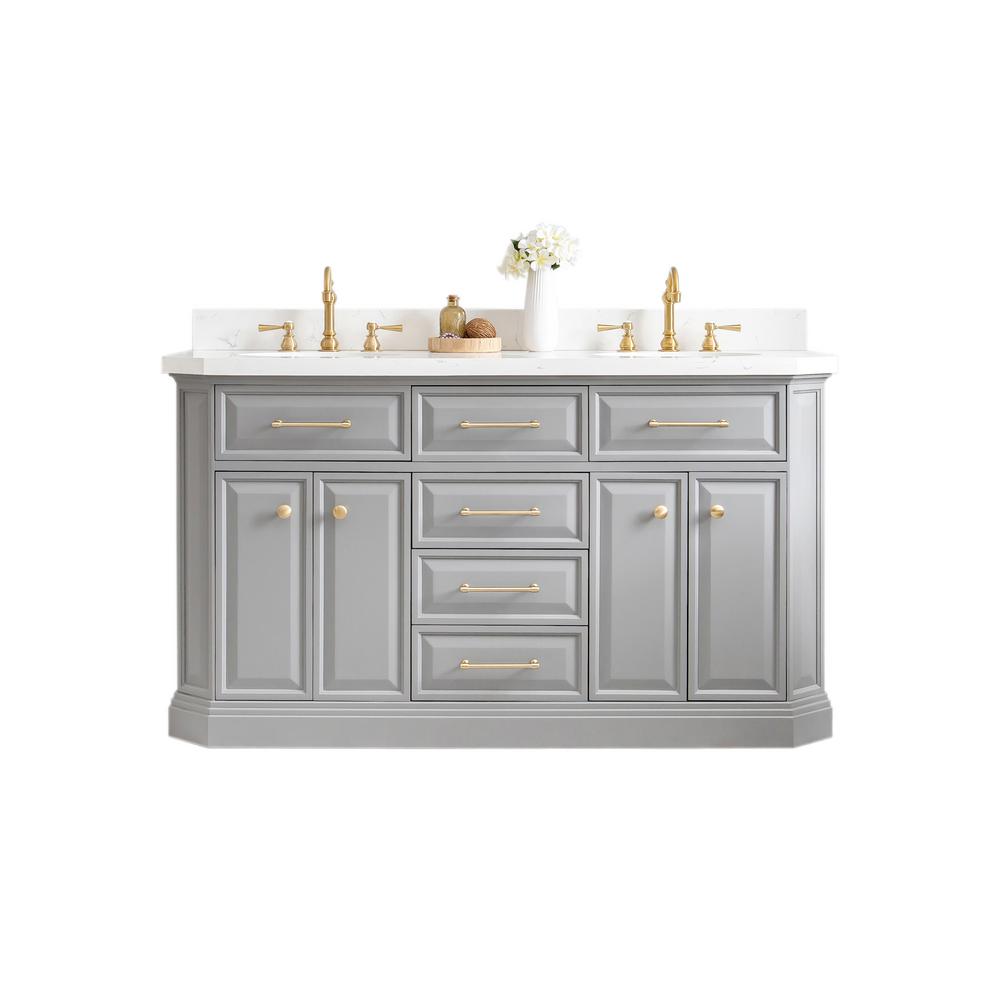 60" Palace Collection Quartz Carrara Cashmere Grey Bathroom Vanity Set With Hardware And F2-0012 Faucets in Satin Gold Finish An
