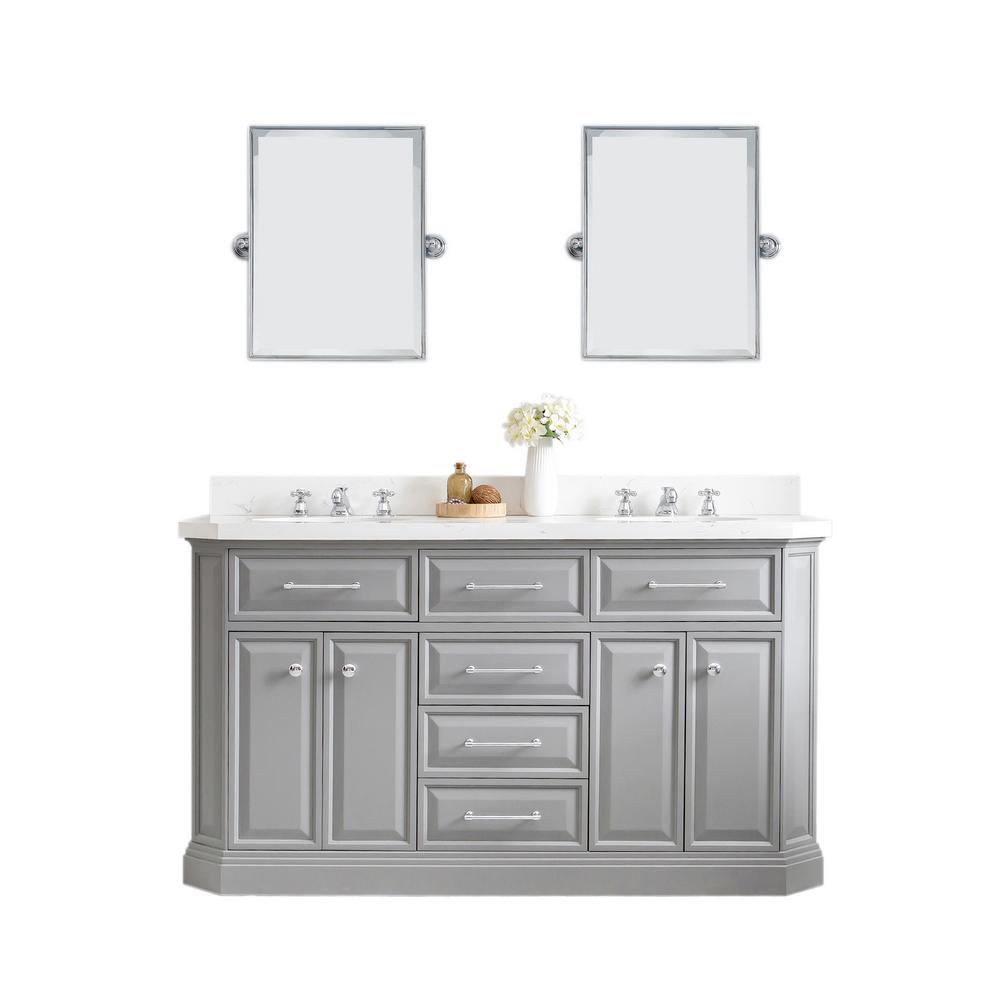 60" Palace Collection Quartz Carrara Cashmere Grey Bathroom Vanity Set With Hardware And F2-0009 Faucets, Mirror in Chrome Finis