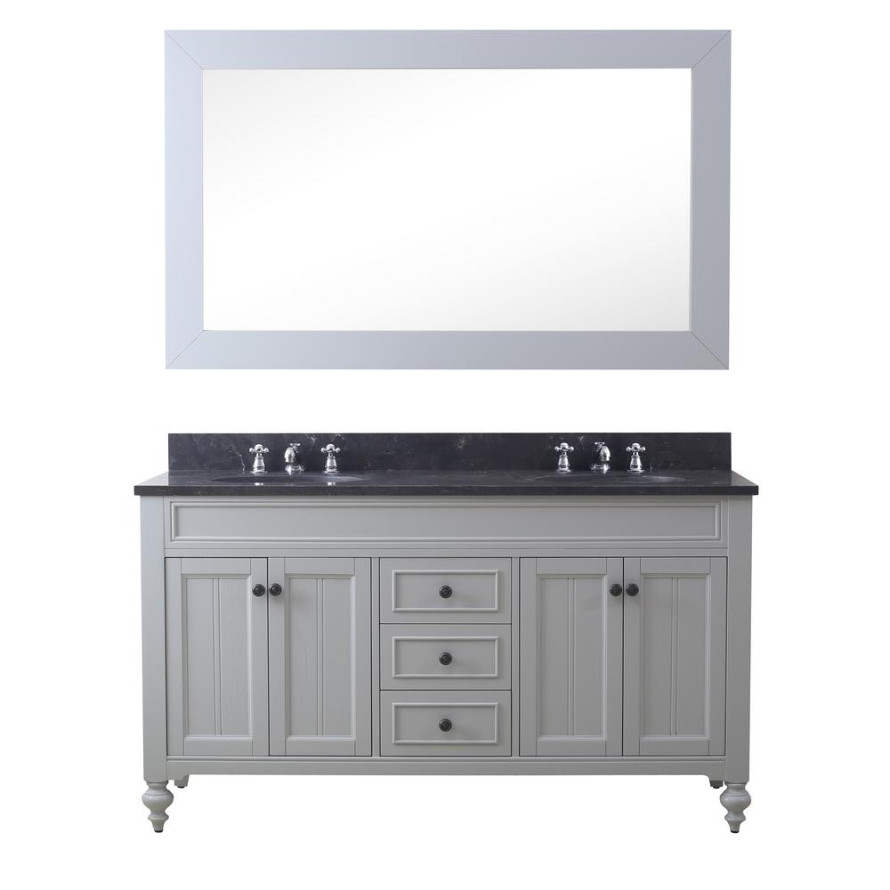 60 Inch Earl Grey Double Sink Bathroom Vanity With Matching Framed Mirror And Faucets From The Potenza Collection