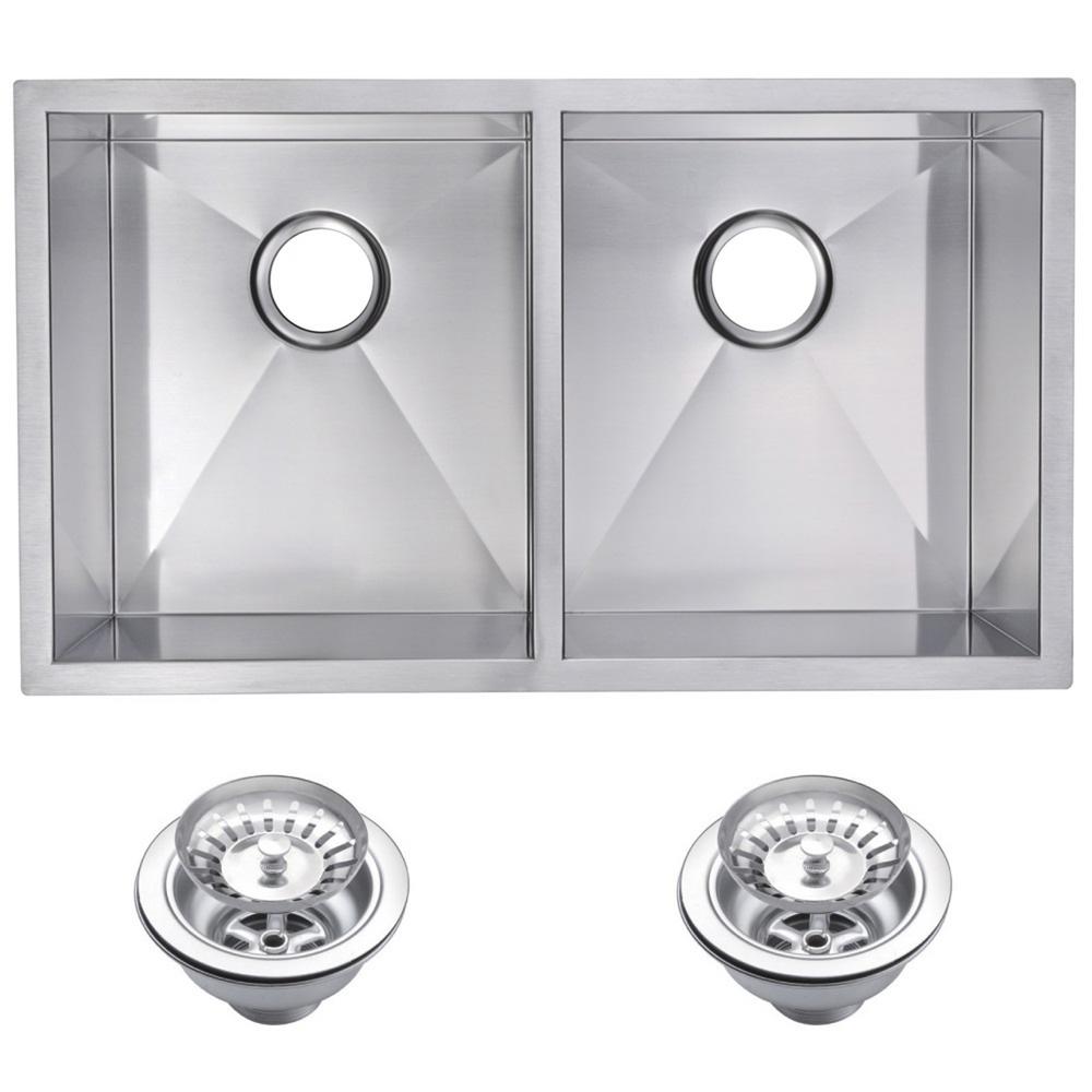 31 Inch X 18 Inch Zero Radius 50/50 Double Bowl Stainless Steel Hand Made Undermount Kitchen Sink With Drains and Strainers