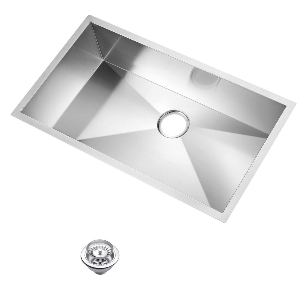 33 Inch X 19 Inch Zero Radius Single Bowl Stainless Steel Hand Made Undermount Kitchen Sink With Drain and Strainer