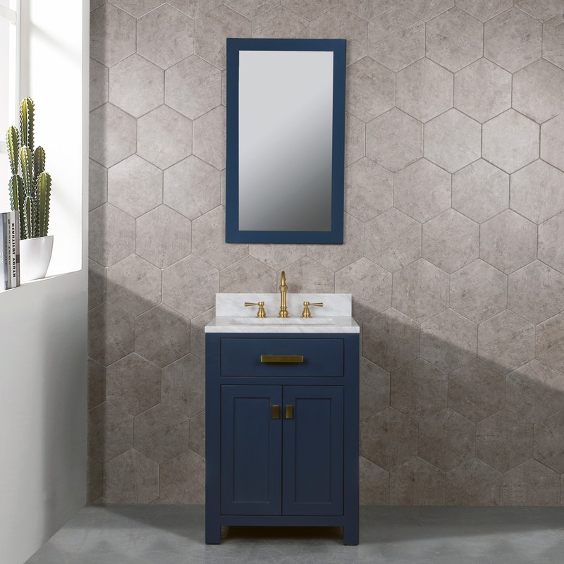 Madison 24-Inch Single Sink Carrara White Marble Vanity In Monarch Blue With Matching Mirror and F2-0012-06-TL Lavatory Faucet