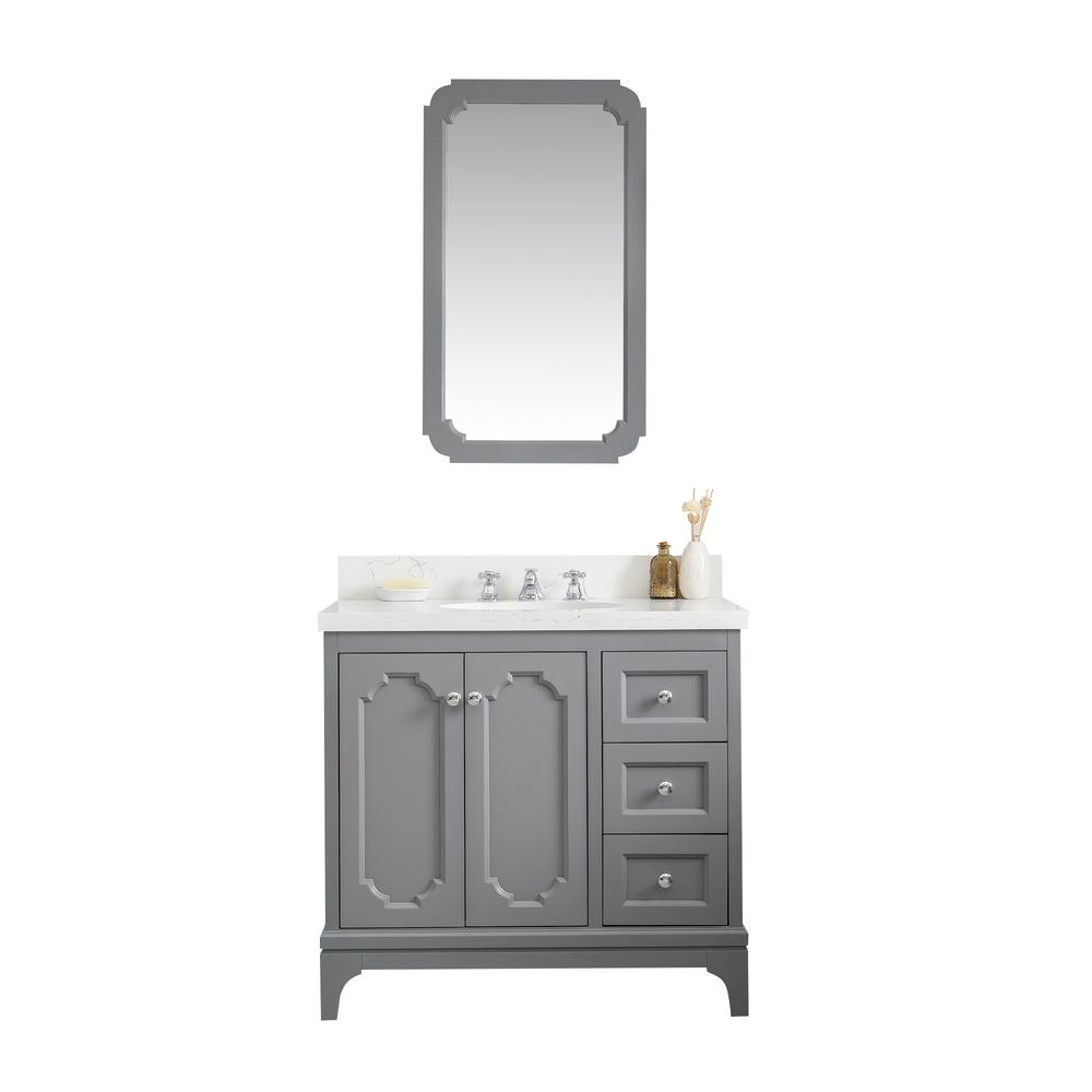 Queen 36-Inch Single Sink Quartz Carrara Vanity In Cashmere Grey With F2-0009-01-BX Lavatory Faucet(s)
