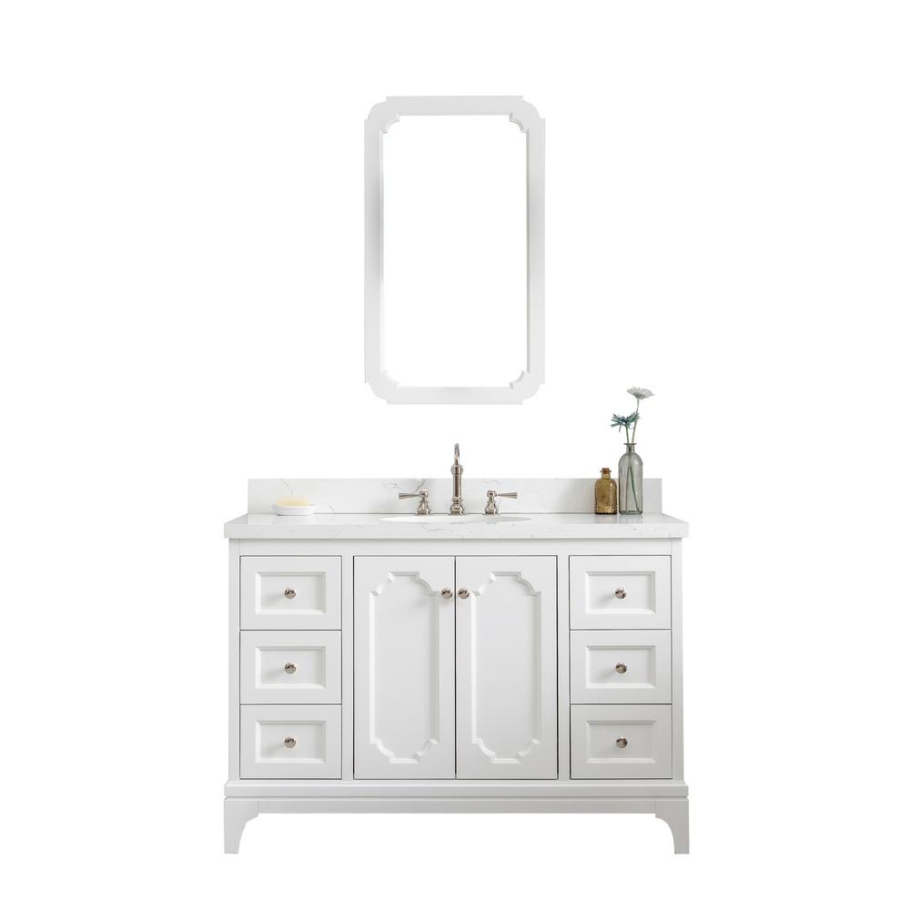 Queen 48-Inch Single Sink Quartz Carrara Vanity In Pure White With Matching Mirror(s) and F2-0012-05-TL Lavatory Faucet(s)