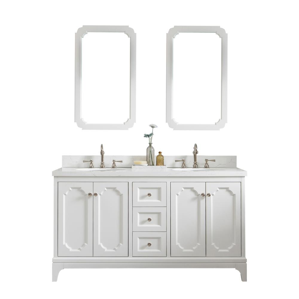 Queen 60-Inch Double Sink Quartz Carrara Vanity In Pure White With F2-0012-05-TL Lavatory Faucet(s)