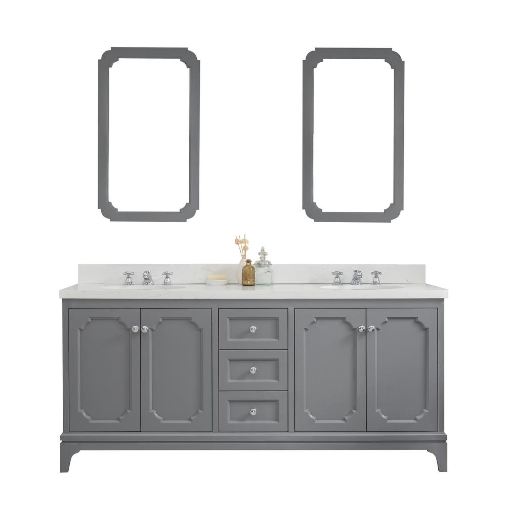 Queen 72-Inch Double Sink Quartz Carrara Vanity In Cashmere Grey With F2-0009-01-BX Lavatory Faucet(s)