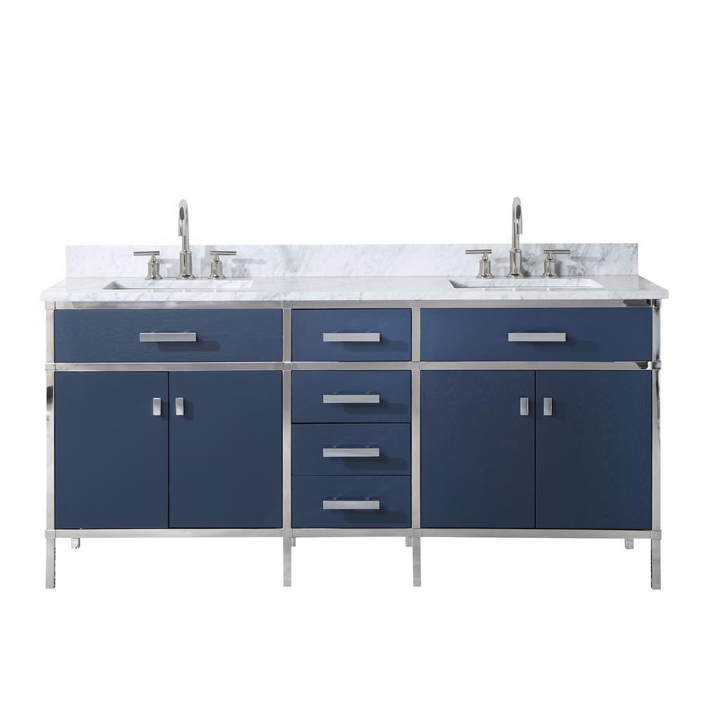 Marquis 72 In. Double Sink Carrara White Marble Countertop Vanity in Monarch Blue