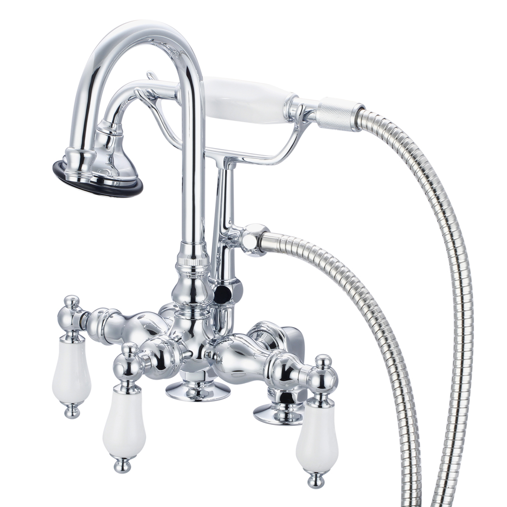 3-3/8" Center Deck Mount Tub Faucet With Gooseneck Spout, 2" Risers & Handheld Shower,