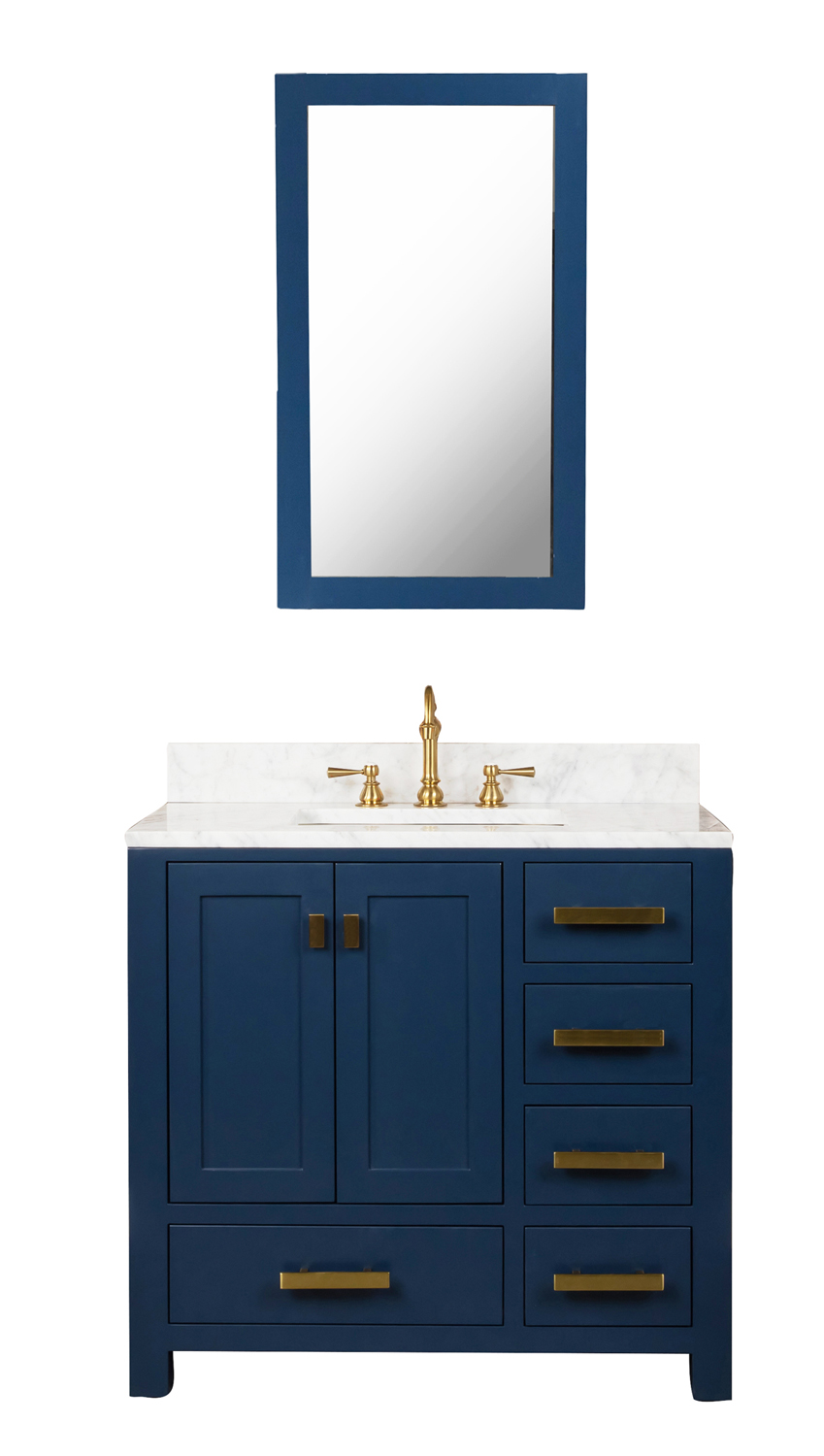 Madison 36-Inch Single Sink Carrara White Marble Vanity In Monarch Blue