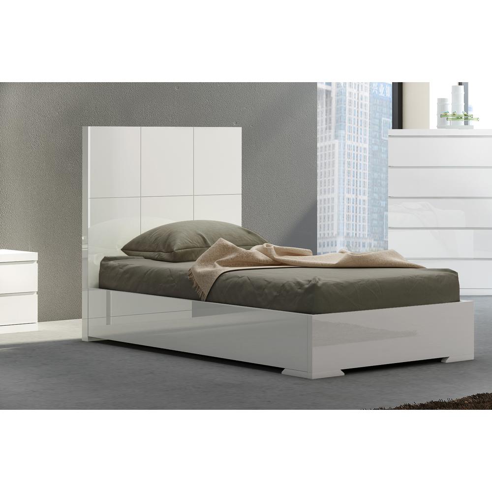 Anna Bed Twin, Squares Design in Headboard, High Gloss White