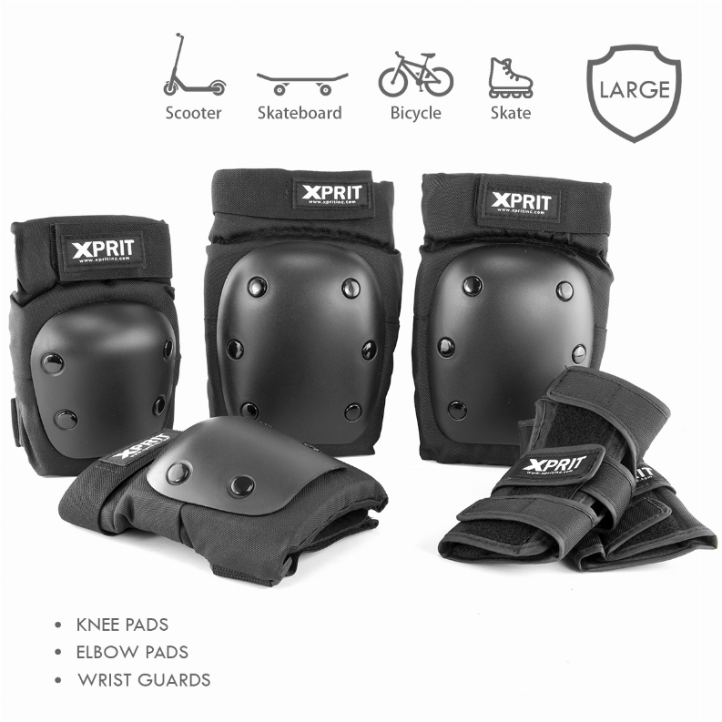 XPRIT Adult/Child Wrist Guards, Knee Elbow Pads 3 in 1 Protective Gear Set for Skateboard, Scooter & Bike - Adults Black
