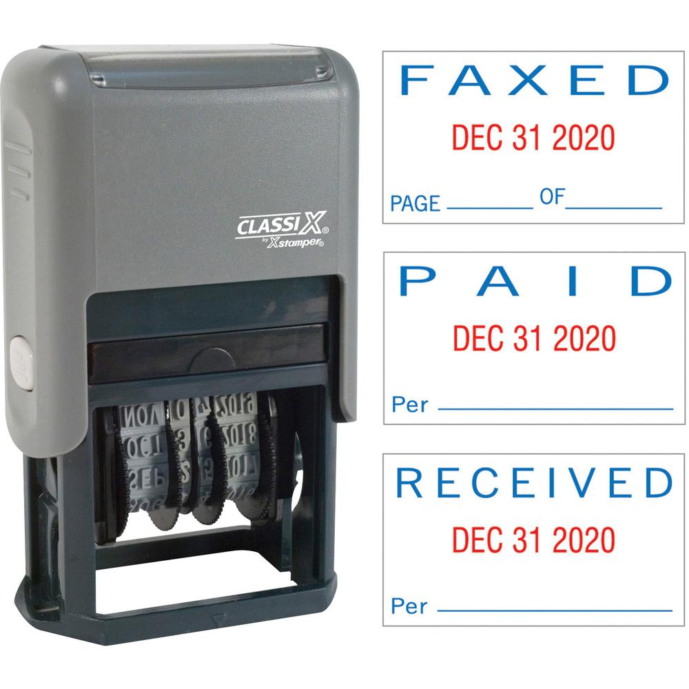 Xstamper Self-Inking Paid/Faxed/Received Dater - Message/Date Stamp - "PAID, FAXED, RECEIVED" - 0.93" Impression Width - Blue, R