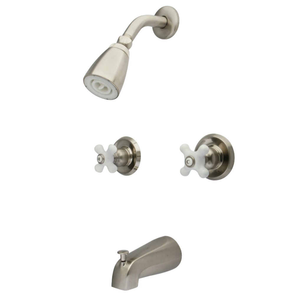 Kingston Brass KB248PX Victorian Tub and Shower Faucet with Porcelain Cross Handles, Brushed Nickel